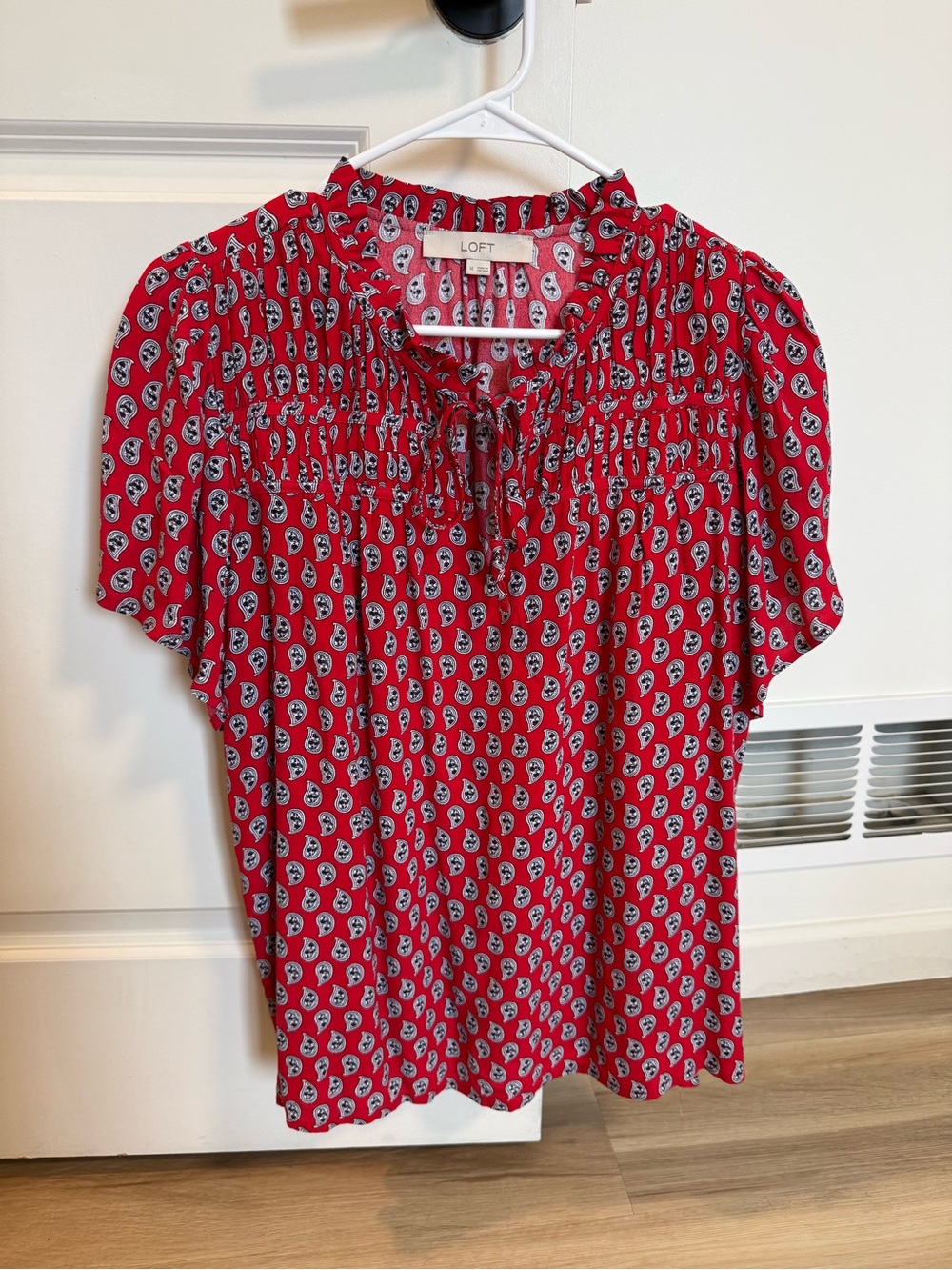 LOFT Red Tie-Neck Short Sleeve Blouse